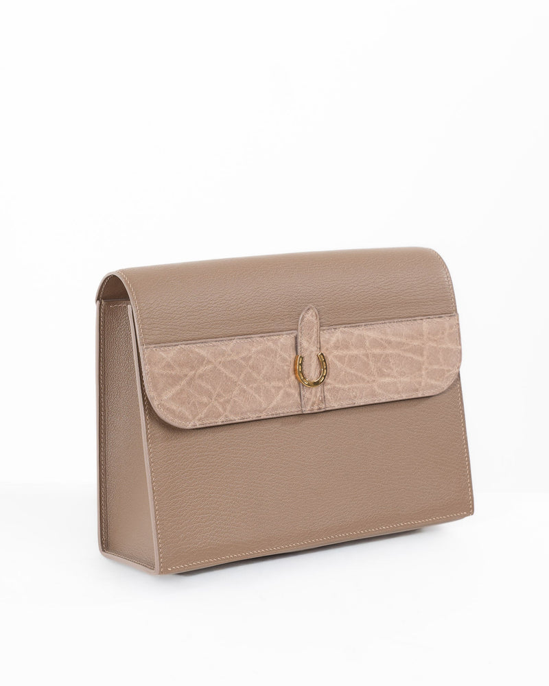Origrand Beige Elephant Inlay Necessaire with gold horseshoe clasp