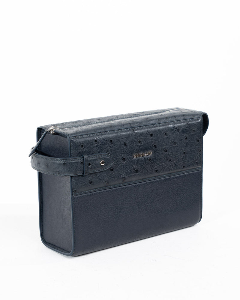 Origrand Navy Ostrich Inlay Necessaire with silver Origrand logo