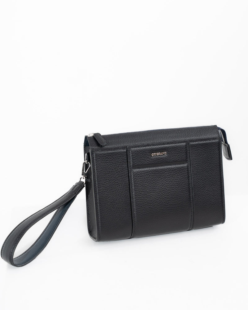 Origrand Black Multi-Pocket Necessaire with wrist strap and ostrich trim