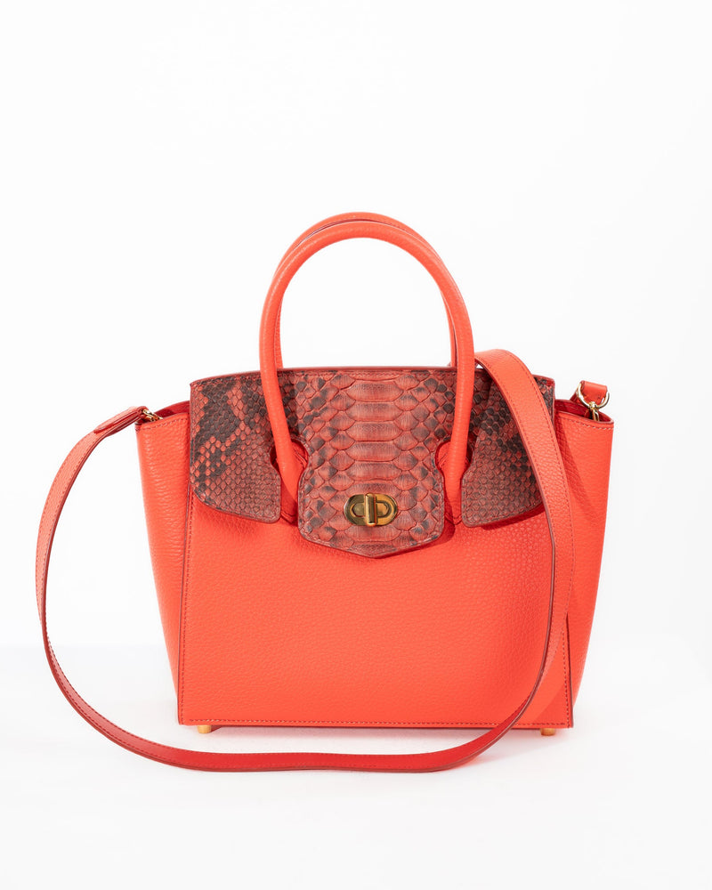 Origrand Python Wing Tote in coral red leather with python flap