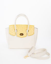 Origrand Ostrich Wing Tote in white leather with yellow ostrich flap