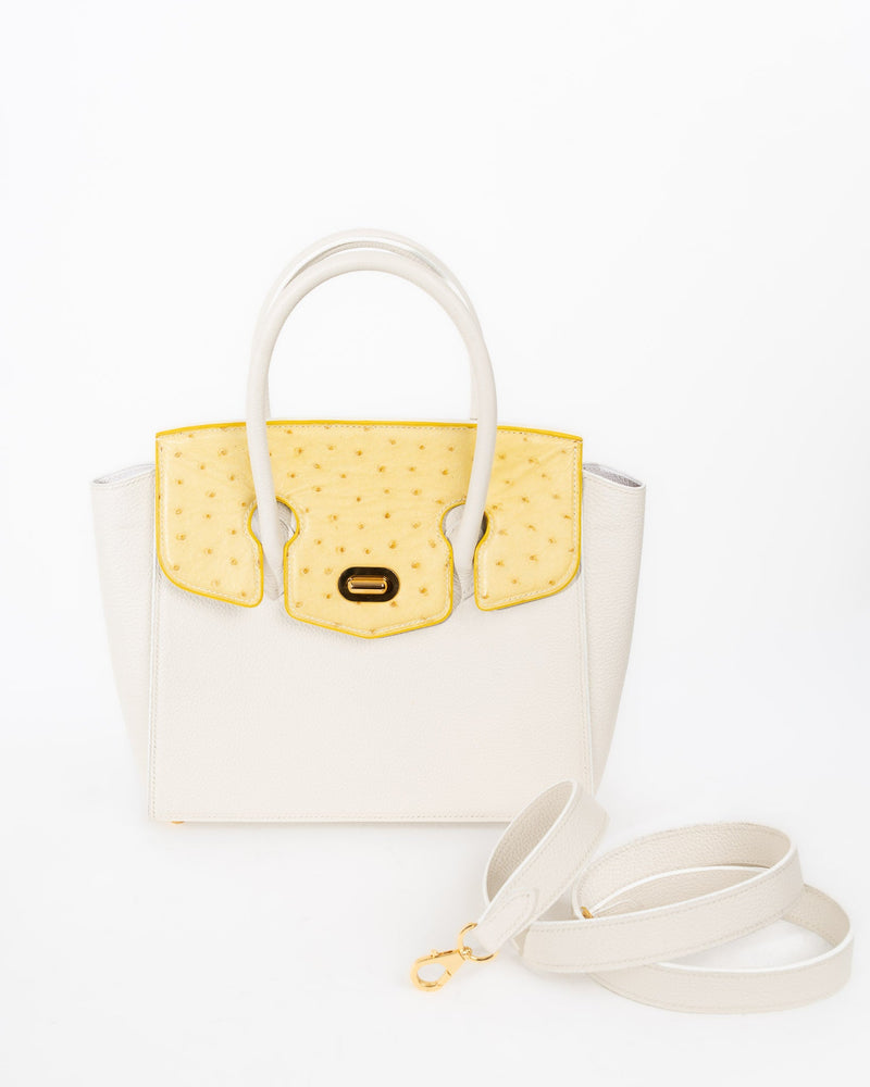 Origrand Ostrich Wing Tote in white leather with yellow ostrich flap