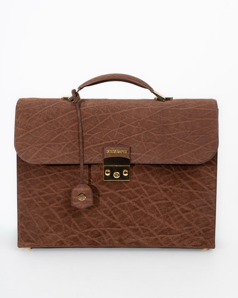 Origrand Elephant Leather Briefcase in cognac brown with gold Origrand clasp
