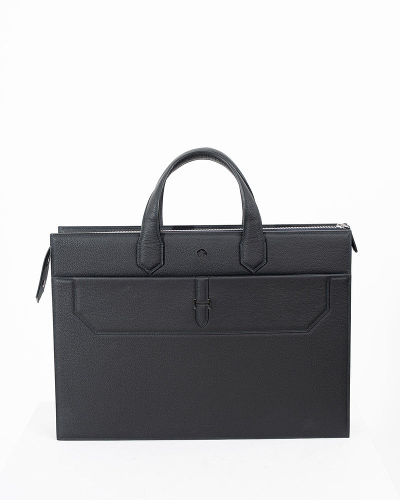 Origrand Zip Briefcase in black leather with dual handles and front pocket