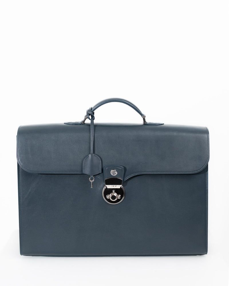 Origrand Lock Briefcase in slate blue leather with circular turn-lock and key