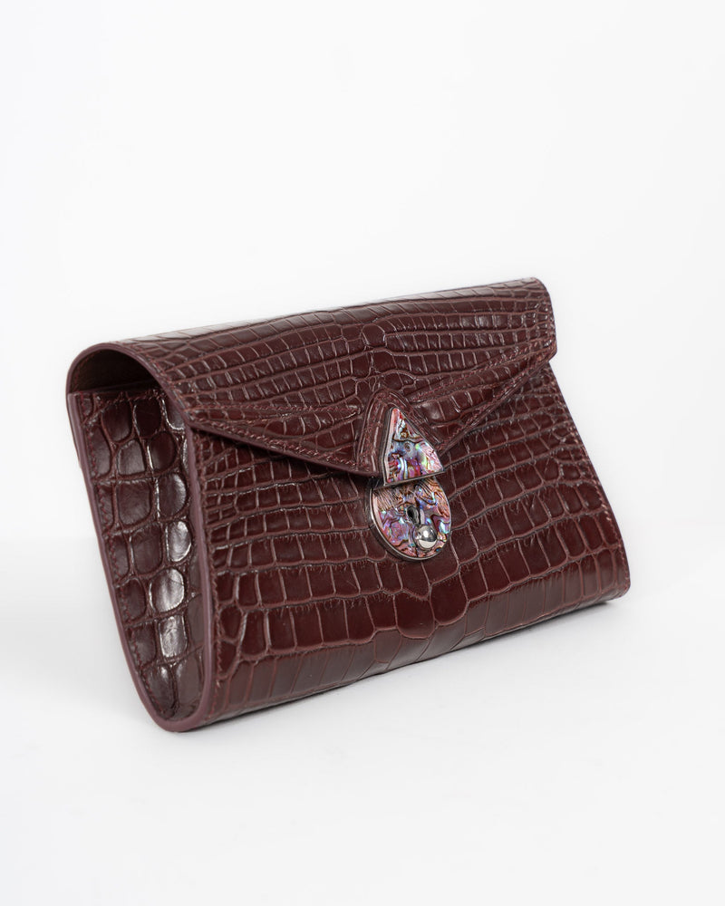 Origrand Crocodile Clutch in bordeaux with abalone shell clasp
