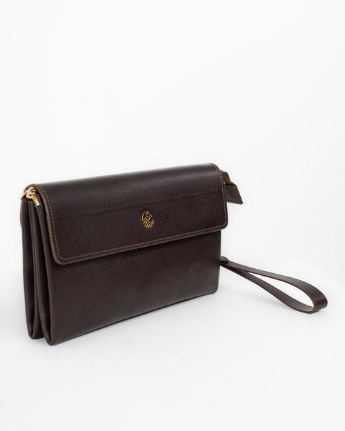 Origrand Dark Brown Calfskin Necessaire with gold medallion and wrist strap