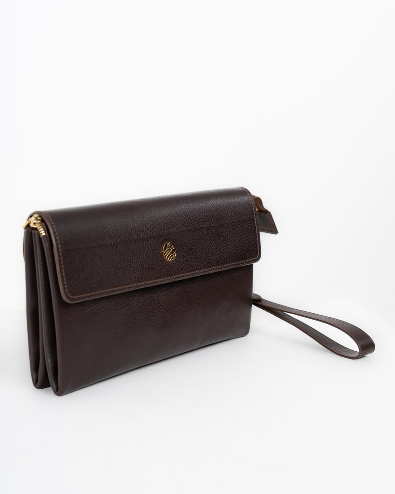 Origrand Dark Brown Calfskin Necessaire with gold medallion and wrist strap