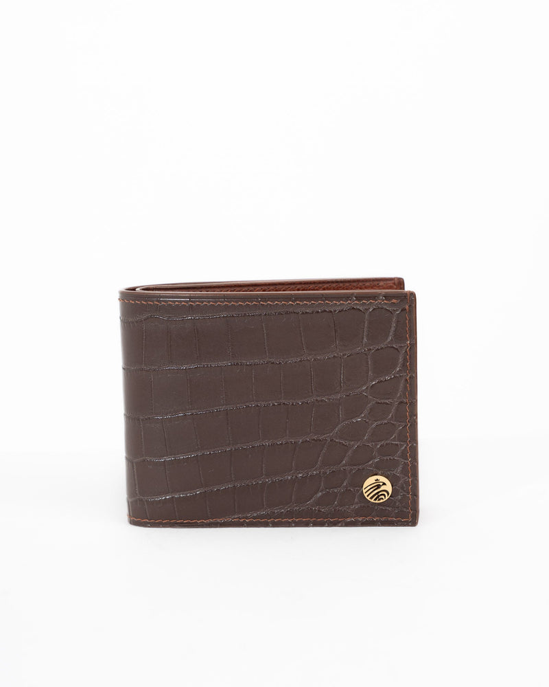 Origrand Dark Brown Crocodile Bifold Wallet with gold Origrand medallion