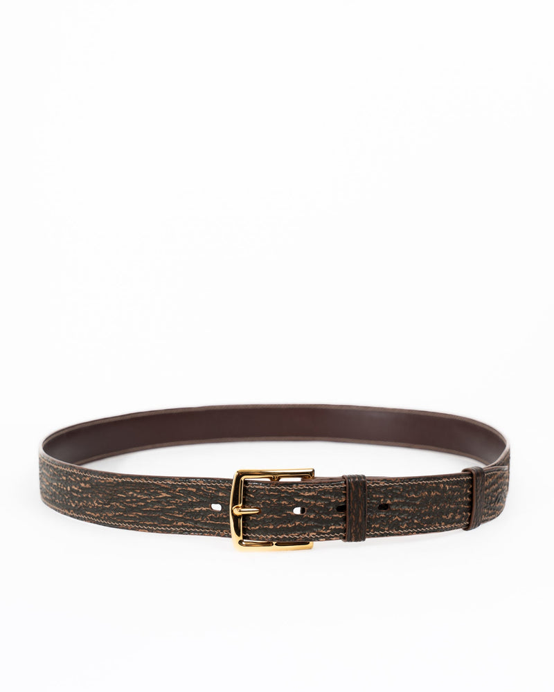 Origrand Dark Brown Shark Leather Belt with gold double-bar buckle